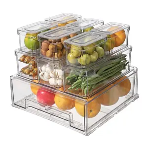 AISOON 10/14 Pack Fridge Organizer Bins with Lids, BPA-Free Stackable Clear Containers for Food, Drinks, and Food Storage, Ideal for Kitchen Organization