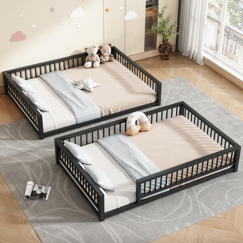 Modern Full XL Over Queen Bunk Bed Frame, Metal Floor Bunk Bed Frame with Ladder & Guardrails, No Spring Box Needed, That Can Separate, Black
