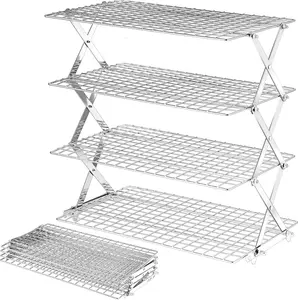 4 Tier Collapsible Cooling Rack - Adjustable Stainless Steel Baking Rack with Leak-Proof Mesh, X-Shaped Structure for Cooking and Baking, Dishwasher Safe