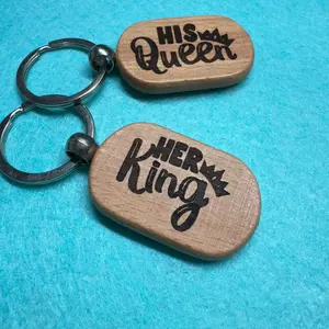 Matching Couple Her King His Queen Wood Engraved Keychains - Perfect for Anniversaries and Birthdays