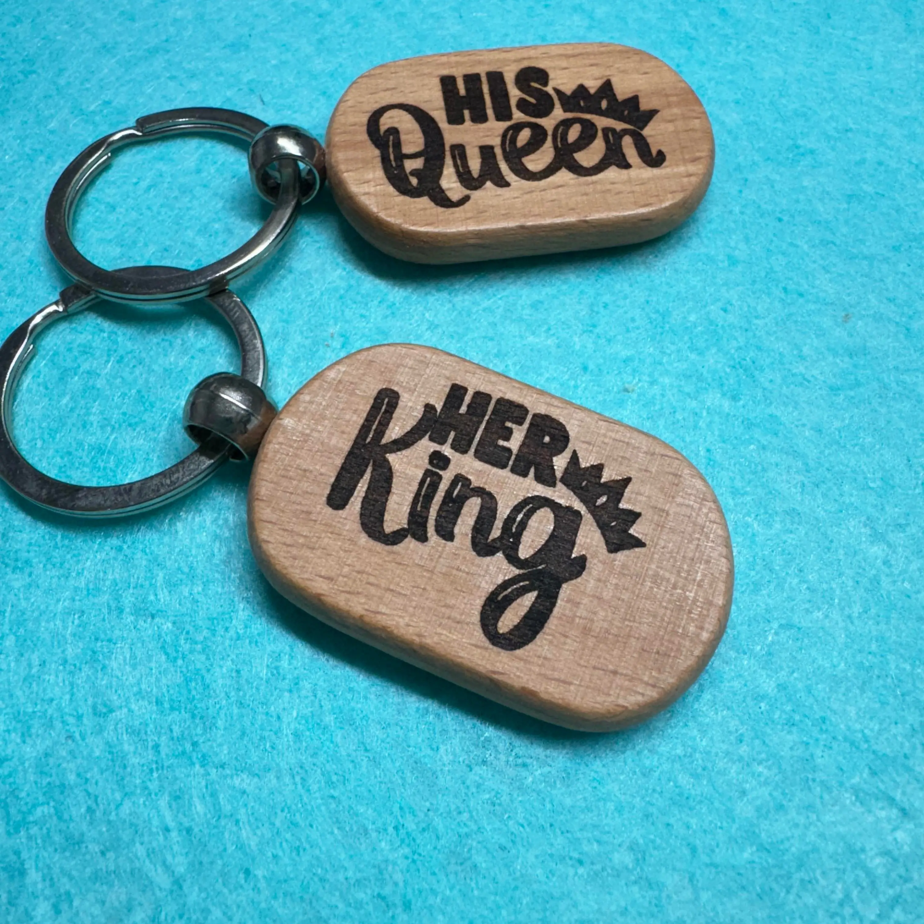 Matching Couple Her King His Queen Wood Engraved Keychains - Perfect for Anniversaries and Birthdays