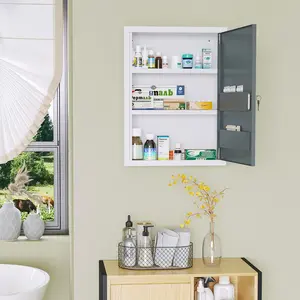 Bathroom Medicine Cabinet with 3-Tier Shelves & Door Shelves Locking for Child Pet Safety White Grey Wall-Mounted 15.75" W x 6" D x 21" H
