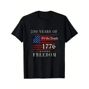 Men's Plus Size Black Casual Round Neck Shortsleeve Menswear T-Shirt - 1776 'We the People' Stars and Stripes Graphic, 250 Years American History Freedom Patriotic Commemorative Tee for History Enthusiasts, Streetwear Style