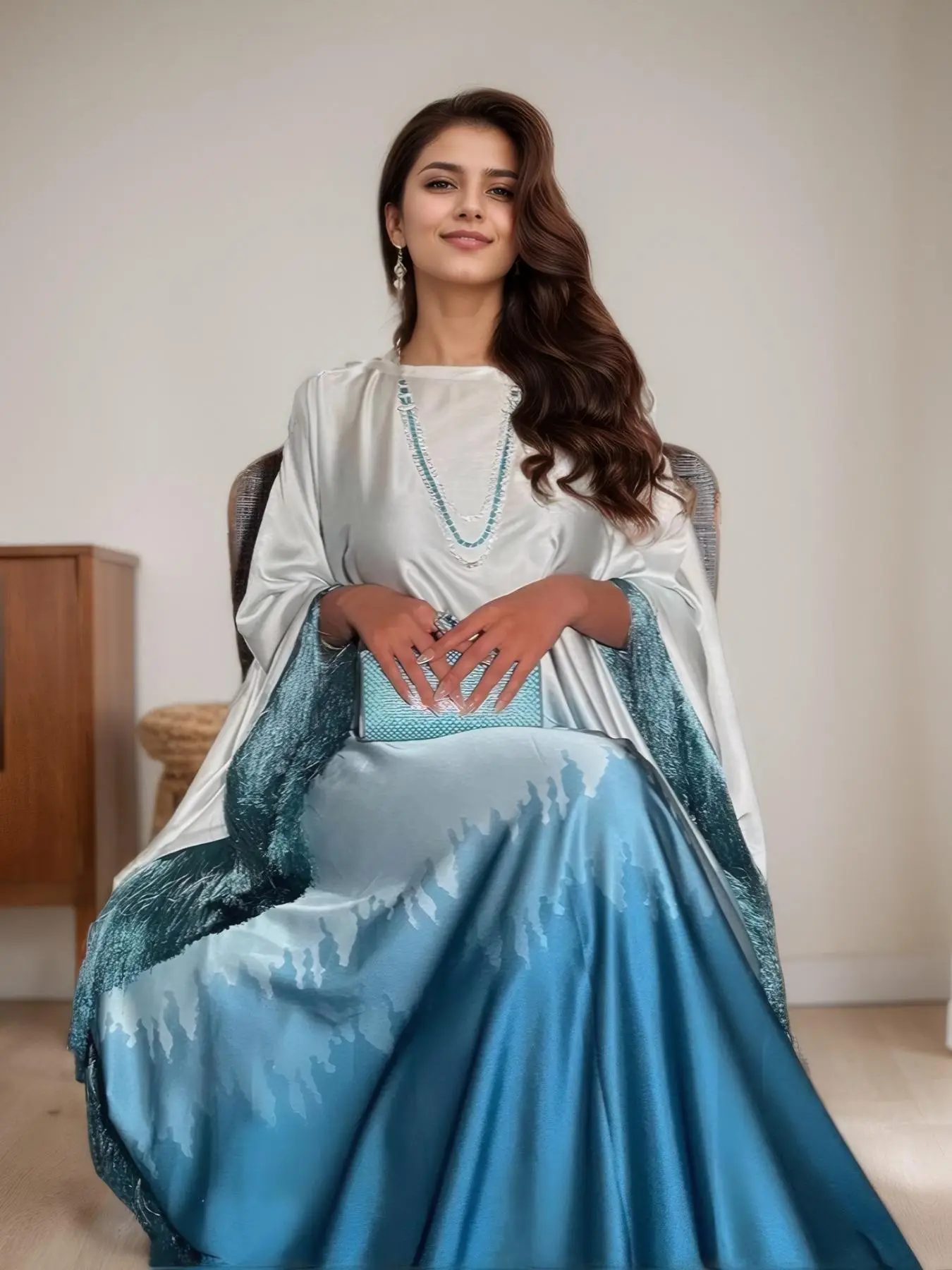 Women's Colorblock Fringe Trim Batwing Sleeve Kaftan Dress, Elegant Long Sleeve Maxi Dress for Party Holiday Wedding Guest, Ladies Islamic Clothing fo