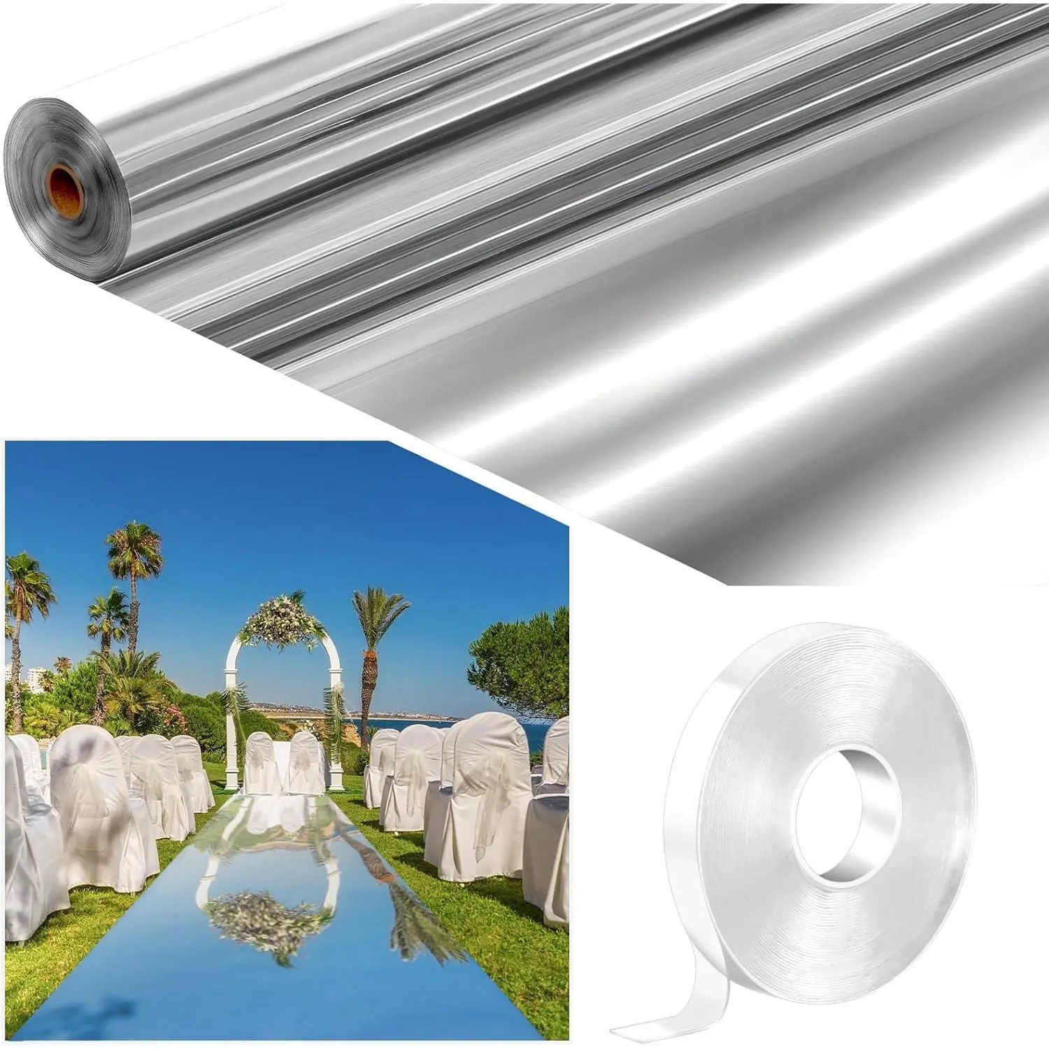 Silver 3.3 x 98.4 ft Double-Sided Reflective Mirror Aisle Runner Rug Roll, Home & Festive Party Decor for Wedding, Outdoor Birthday Ceremonies (Home Supplies, Festive & Party Supplies)