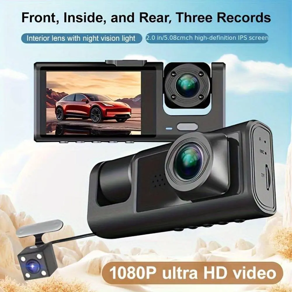 3 Channel Dash Cam Front and Rear Inside, Triple Camera Car Dash Camera with Built-in SD Card, 1080P FHD, IR Night Vision, Loop Recording, Parking Mode, Wide Angle, G-Sensor,budget dashcam car accident proof