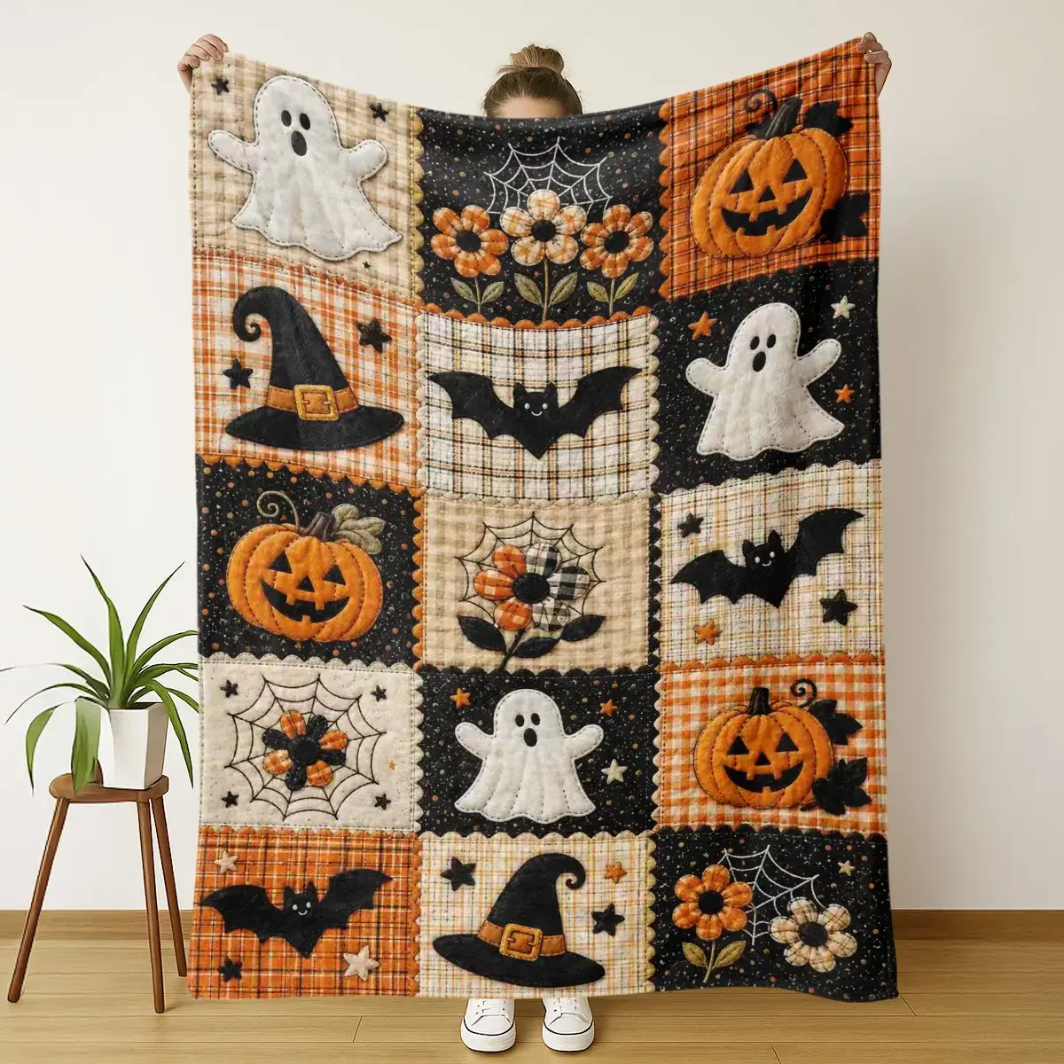 Halloween Pumpkin Ghost Bat Cozy Flannel Blanket, Soft Patchwork Fleece Throw, Plaid Quilt for Sofa Bed Couch Decor, Haunted Spooky Trick or Treat Plush Blanket for Bedroom Fall Halloween Party Gift