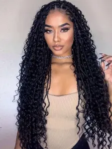 30 Inches Full Double Lace Front Square Knotless Box Braided Wigs With Boho Curls Ends Black Box Braids Wig With Baby Hair for American Women Synthetic Lace Frontal Braid Wigs Black Friday Christmas Daily , New Year, Carnival, Music Festival Used