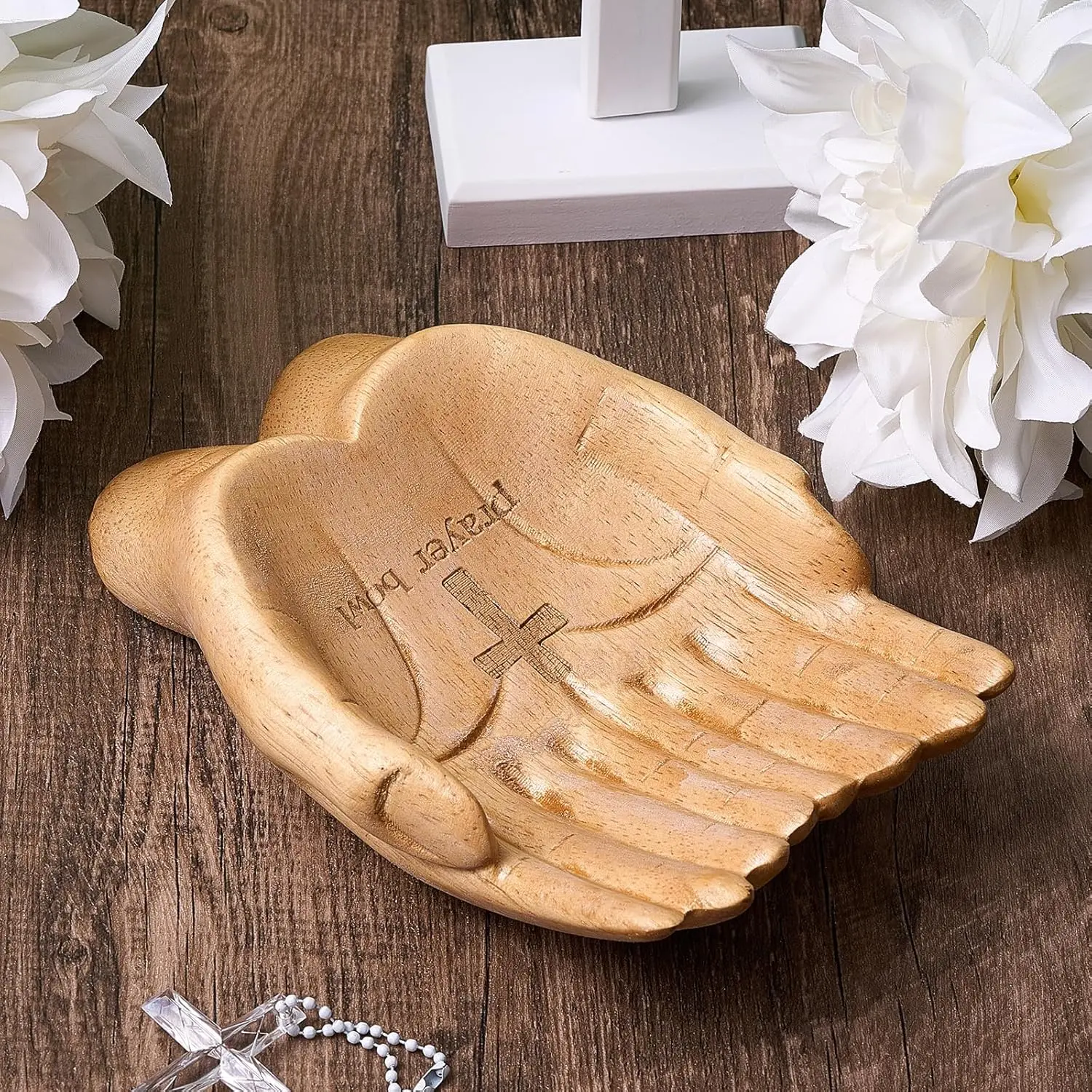 Prayer Bowl Wooden, Hands Shaped Prayer Bowl, Cross Christian  for Women Men, Birthday Retirement Religious Decorative  for Mom Dad