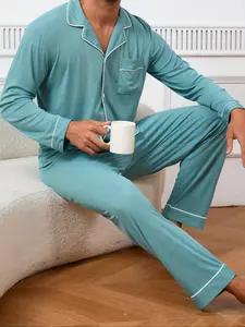 Men's Comfortable Sleepwear Set, Long Sleeve Crew Neck Knit Pajamas, Casual Home Wear for Fall & Winter, Two-Piece