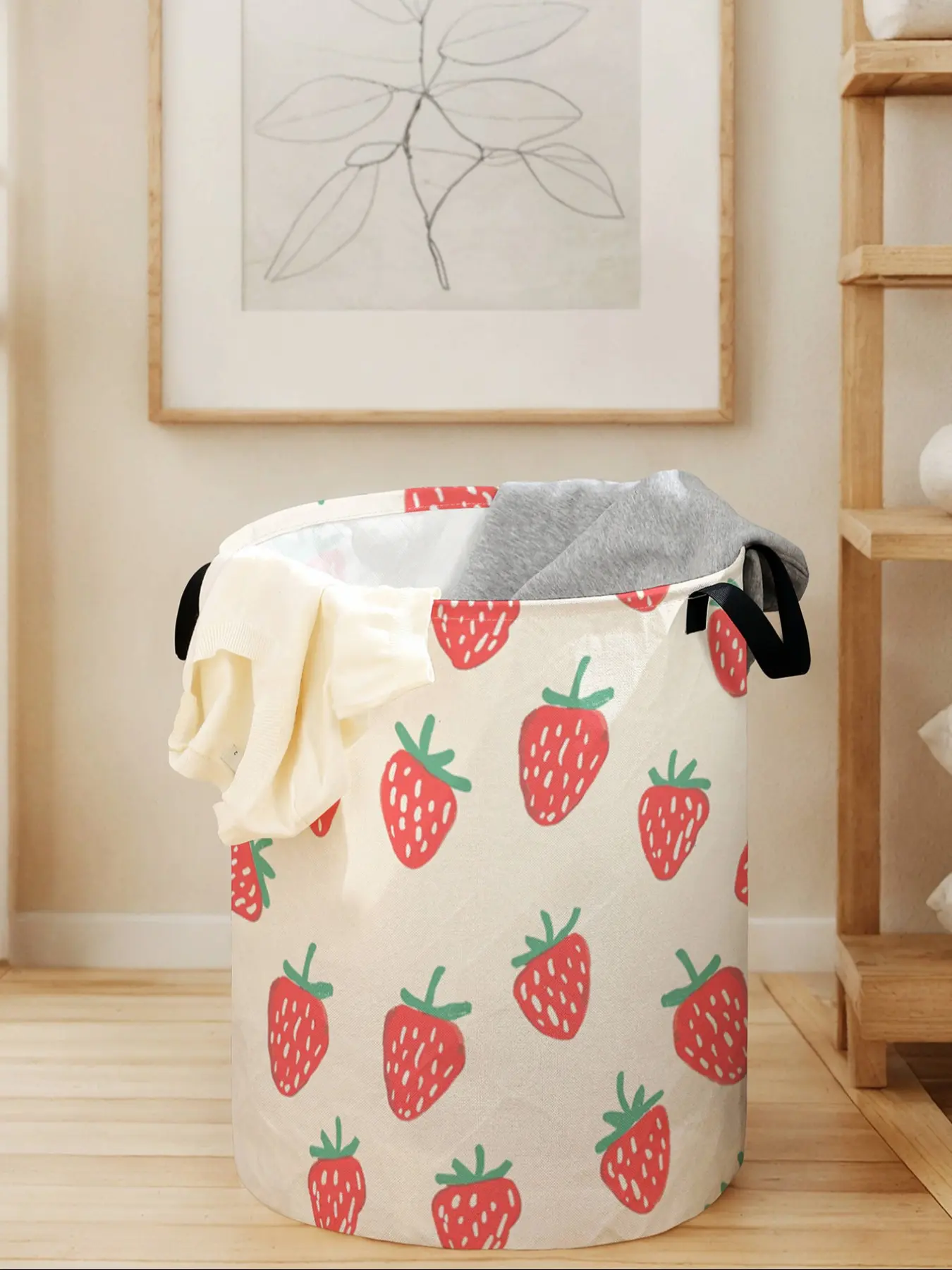 Strawberry Print Laundry Basket with Handle, Durable Foldable Clothes Storage Bin, Large Capacity Toy Organizer for Home Use