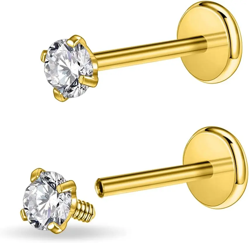 gold, 16g, 10mm bar, 3mm gem