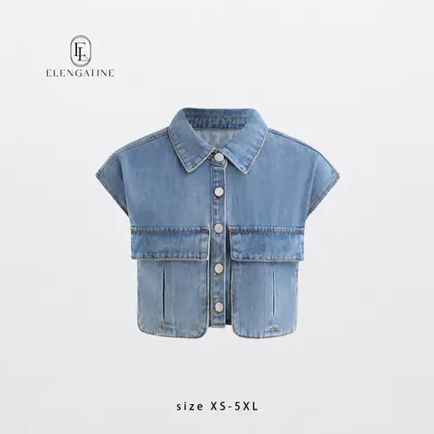 EL ELENGATINE Women's Comfortable Bohemian Denim Vest - Basic Boho Clothes for Women, Polyester-Cotton Blend 3/4 Length Tops, Rounded Collar, Wide Shoulders, Slit Pockets, Button Front Closure, Elegant Autumn Back to School Style