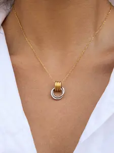 This Is A Minimalist Elegant And Charming Jewelry Piece Made Of Stainless Steel With 18k Gold Plating Waterproof And Anti Allergy Features It Features A Color Matched Gold And Silver Door Handle And A Double Ring Interlocking Pendant Dainty Necklace
