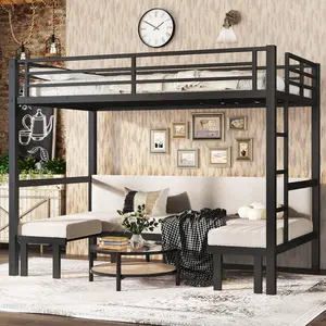 Twin XL over Twin XL Metal Bunk Bed with Safety Rails Lower Bunk Pull-Out in Three Sections Black Modern Design Noise Reduction Easy Assembly