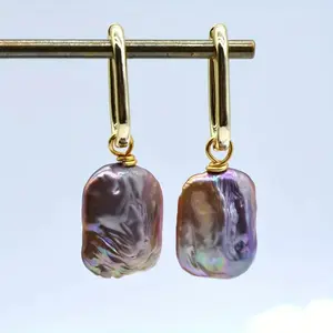 DYYMQGO Elegant Purple Freshwater Pearl Drop Earrings with Golden-Tone Hoop Clasp - Bohemian Style, Nickel-Free, Perfect for Daily Wear & Parties, Party Accessories|Bohemian Style Earrings|Goldtone Finish