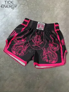 Men's Vintage Muay Thai Boxing Shorts, Dragon & Tiger Print Fighting Pants, Win Las Vegas Waist Tag, Ideal for Training & Streetwear, Streetwear Sports Shorts