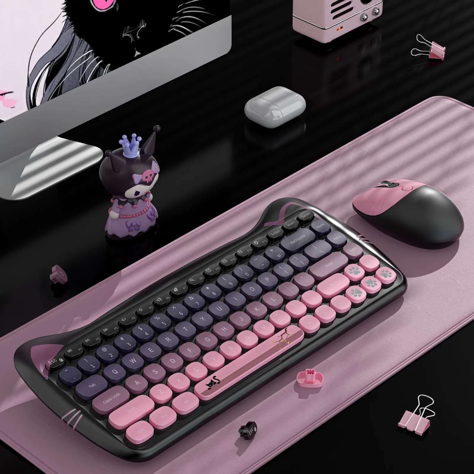 Mofii 1 Set 2.4G Wireless Keyboard & Mouse Combo, Keyboard And Mouse, Cute Cat Style for Women, Compact Office Keyboard, Universal for Desktop & Laptop, US Qwerty Layout