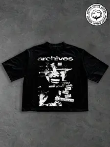 Men's Loose Fit Archives Patchwork Print T-Shirt, Punk Street Style, Memory Print Y2K Vintage Aesthetic, Casual Short Sleeve Top