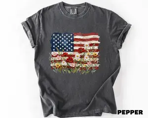 Floral American Flag Shirt, 4th Of July T-Shirt, Patriotic Wildflower USA Tee, Independence Day Shirt, Floral America Freedom Tee