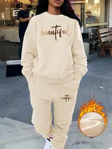 【Plus Size】 Two-piece Set Letter Print Sweatshirt & Pants Set, Casual Long Sleeve Round Neck Pullover & Trousers, Women's Fall & Winter Clothes for Daily Wear