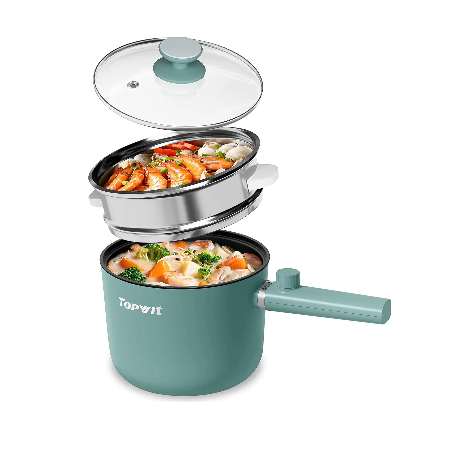 Topwit Hot Pot Electric, 1.5L Ramen Cooker, Portable Non-Stick Frying Pan, Electric Pot for Pasta, Steak, BPA Free, Electric Cooker with Dual Power Co