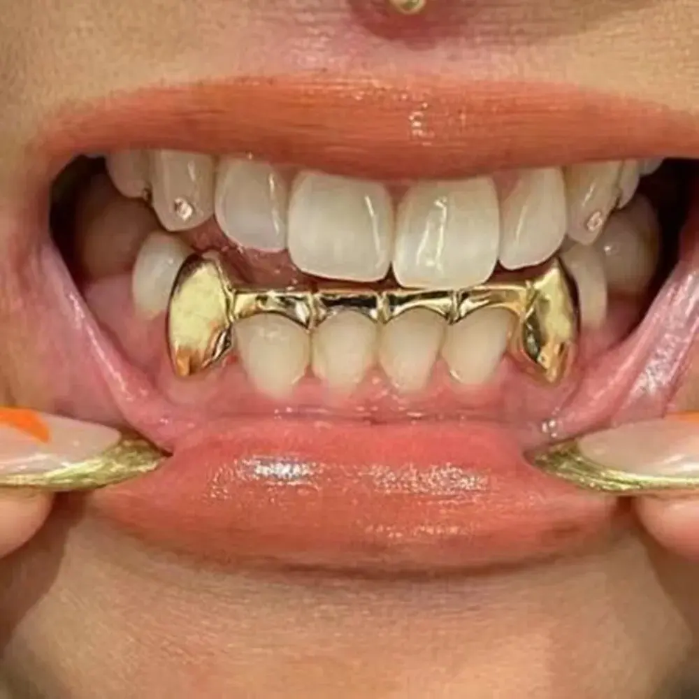 Hip Hop Glossy Two Fangs Teeth Grillz 14K Gold Plated Tooth Caps For Women Men Jewelry Halloween Cosplay Gift