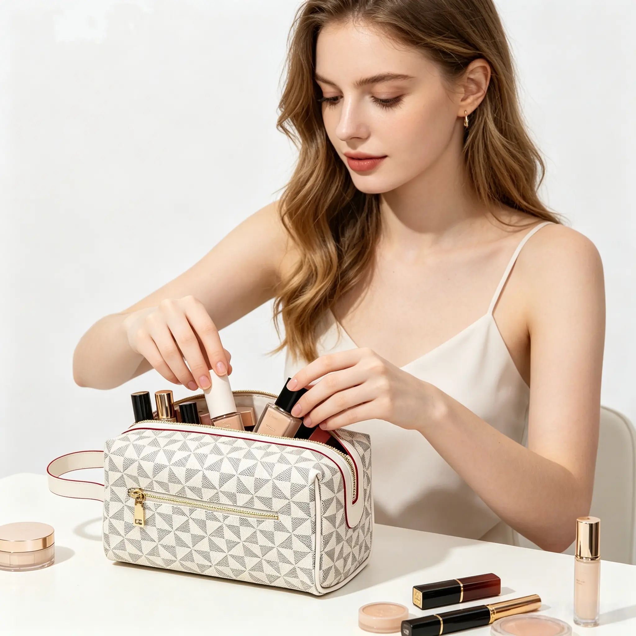Large Capacity Travel Makeup Bag, Luxury Triangle Pattern Cosmetic Pouch with Wrist Strap, Portable Waterproof Toiletry Bag for Women