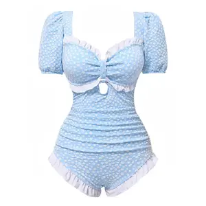 Blue 1940s floral pleated one-piece swimsuitRAIMENTRY