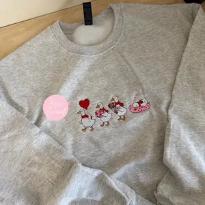 Love Goose Embroidered Sweatshirt Valentine’s Day Crewneck Unisex Grey