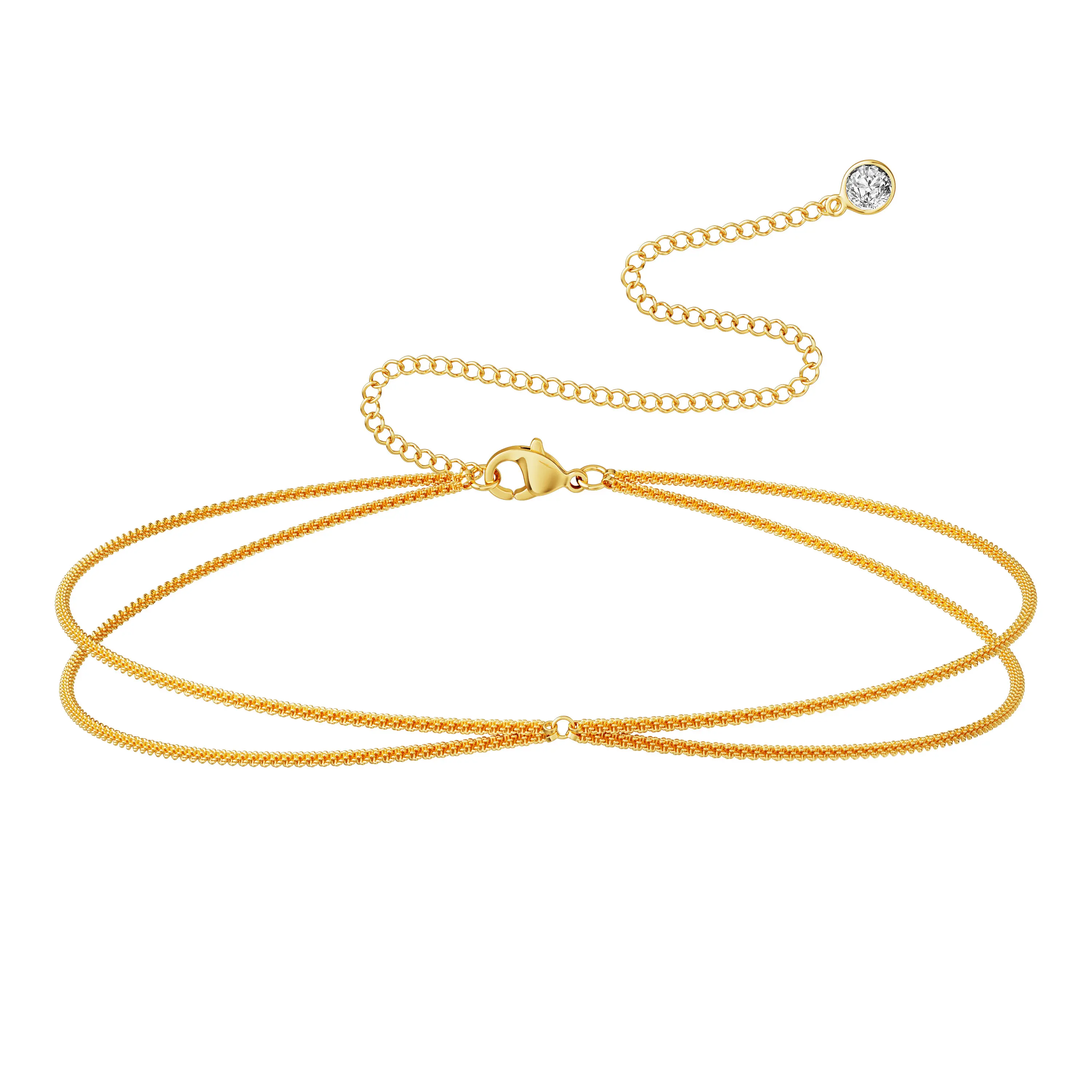TEWIKY 14K Gold Plated Double Layer Waist Chain with 2mm Paved & Curved Diamonds Ideal Gift for Valentine's Day