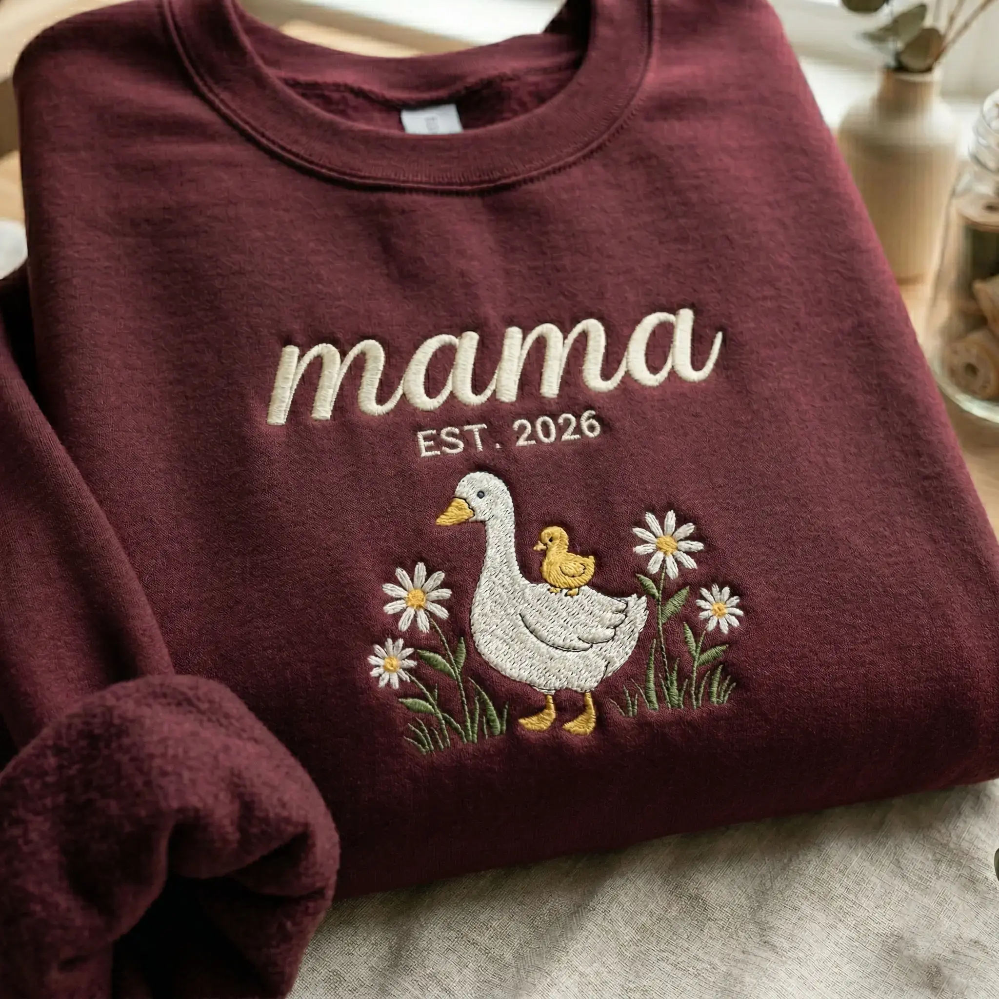 [MADE IN US] Embroidered Mama Goose Sweatshirt, Personalized New Mom Crewneck, Custom Floral Mama Shirt, Mother's Day Gift
