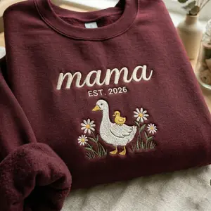 [MADE IN US] Embroidered Mama Goose Sweatshirt, Personalized New Mom Crewneck, Custom Floral Mama Shirt, Mother's Day Gift