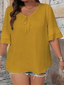 Fashion Elegant Women's V Neck Tie Waist Layered Flare Sleeve T-Shirt, Comfortable Solid Color Blouse for Spring & Summer