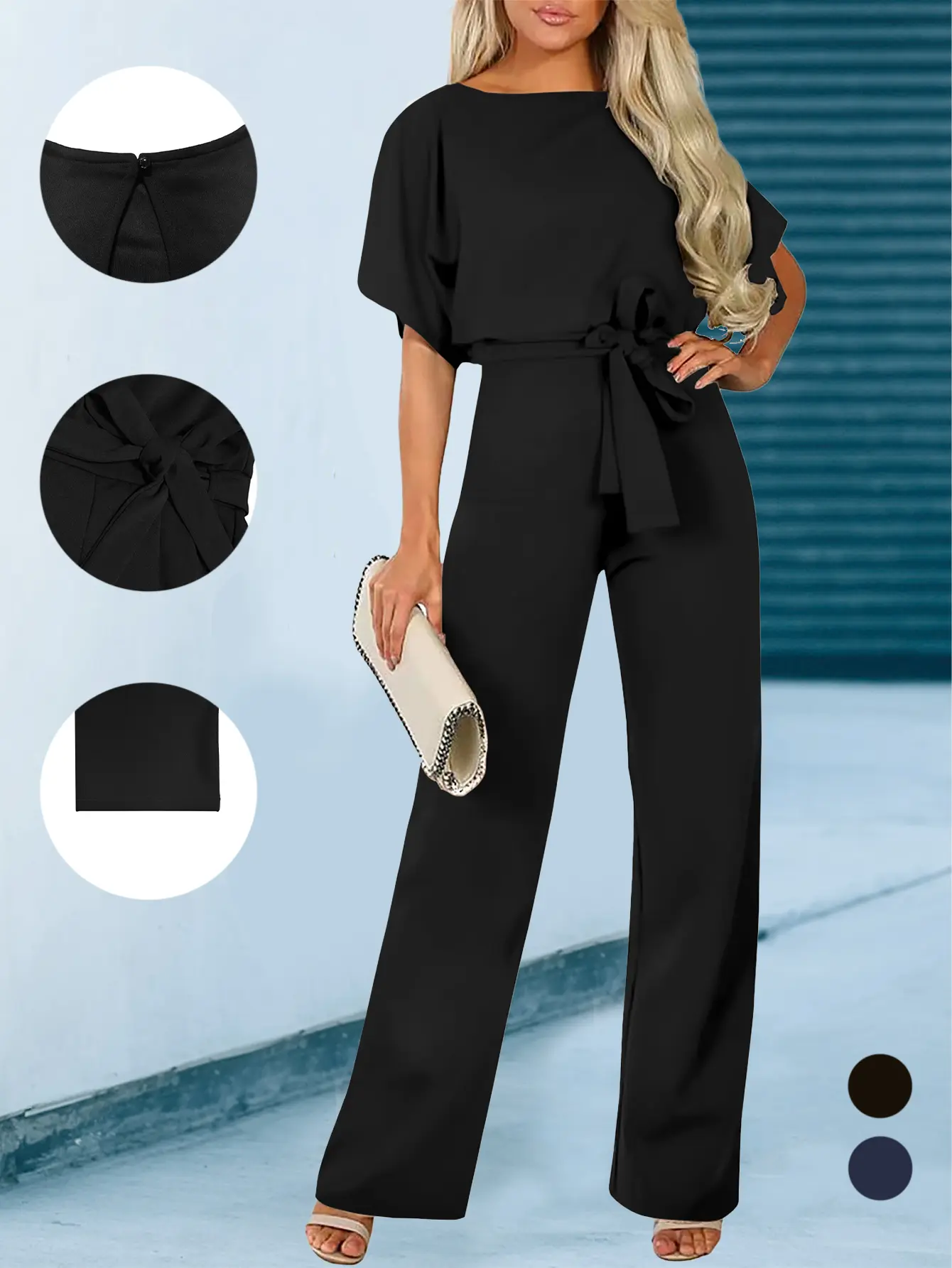 AUXDIO Women's Elegant Solid Short Sleeve Jumpsuit with Belt Casual Wide Leg Long Pants Romper High Waist 2 Piece Set Look Outfit