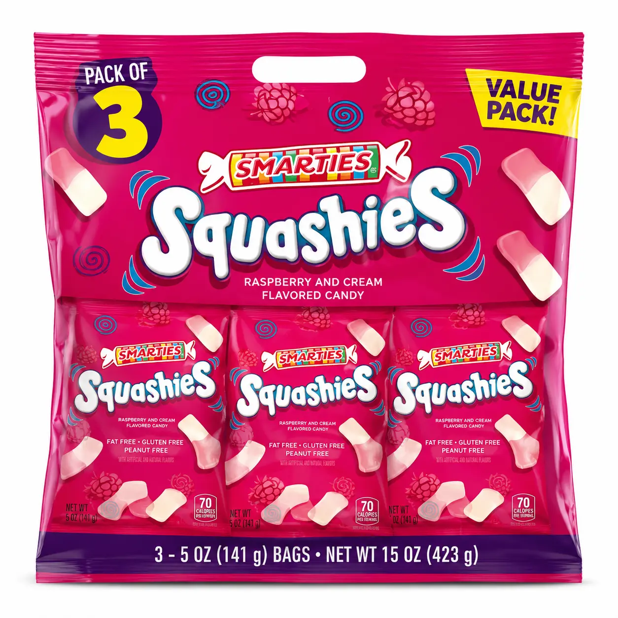 Smarties Squashies Raspberry & Cream Gummy Candy, 3 Pack, 5 oz Each - Strawberry Vanilla, Tutti Frutti, Lemon Raspberry, Banana Toffee Flavors - Vegan, Gluten-Free - 10 oz Trending Food Snacks for Candy Lovers Chewy Fruit Peanut Sweet Bonbon Soft