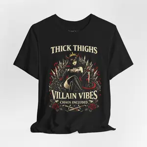 Thick Thighs Villain Vibes Oversized Tee – Curvy Demon Queen Graphic Shirt – Chaos Included – Dark Romance Streetwear