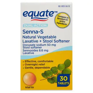 Equate Dual Action Senna-S Laxative & Stool Softener Tablets – Natural, Fast Relief for Constipation, 30 Tablets