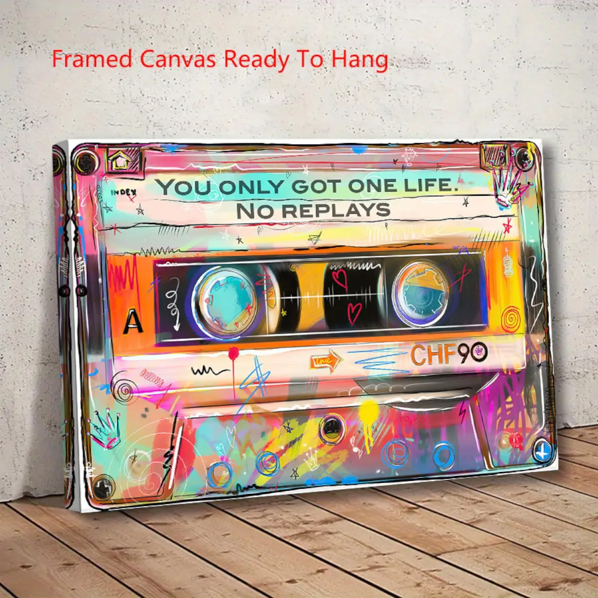Artistic Retro Cassette Tape Hanging Painting - Durable Decorative Wood Frame, Bright Colors, 80s-90s Aesthetic Hip Hop Graffiti, Boombox Music Theme Home Decoration, Multi-Size Gift, Frameless Option Available, Suitable for Kid Room, Dining Room