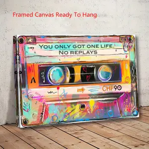 Retro Cassette Tape Wall Art, Colorful Graffiti Canvas Print, Vintage Music Poster, 80s 90s Aesthetic Decor, Hip Hop Street Art, Boombox Style Artwork, Music Lover Gift Decoration Painting Hanging Artistic Decorative wooden frame