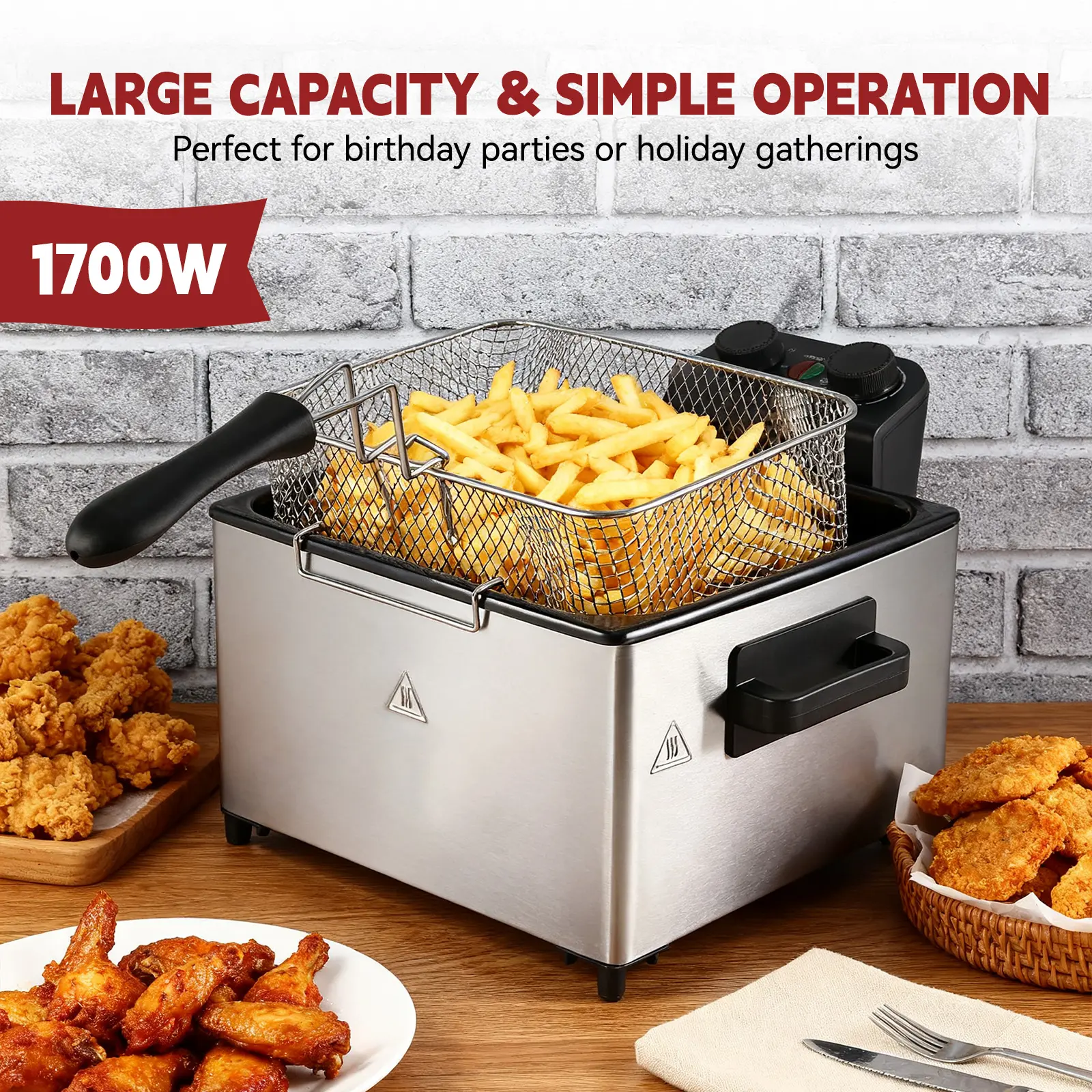 Stainless Steel Electric Deep Fryer (3.2 Qt / 5.3 Qt) – 1700W; features a timer, adjustable temperature control, a frying basket, and a lid with a viewing window; durable and easy to clean. Ideal for making fried chicken, french fries, and more.
