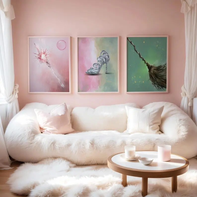 3 Piece Wicked Witches Pink & Green Watercolor Painting︳Glinda Wand︳Elphaba Broom︳Nessarose Silver Shoes︳Art Trio Print Set︳Girl Room Decor #308 Decoration Gift