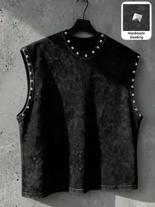 Men's and women's versions of a water-washed black riveted sleeveless vest, handmade rivet decorations, urban street style muscle T-shirt, casual round-neck vest, dark and decadent aesthetic outfit, Z-generation trendy design, Unisex