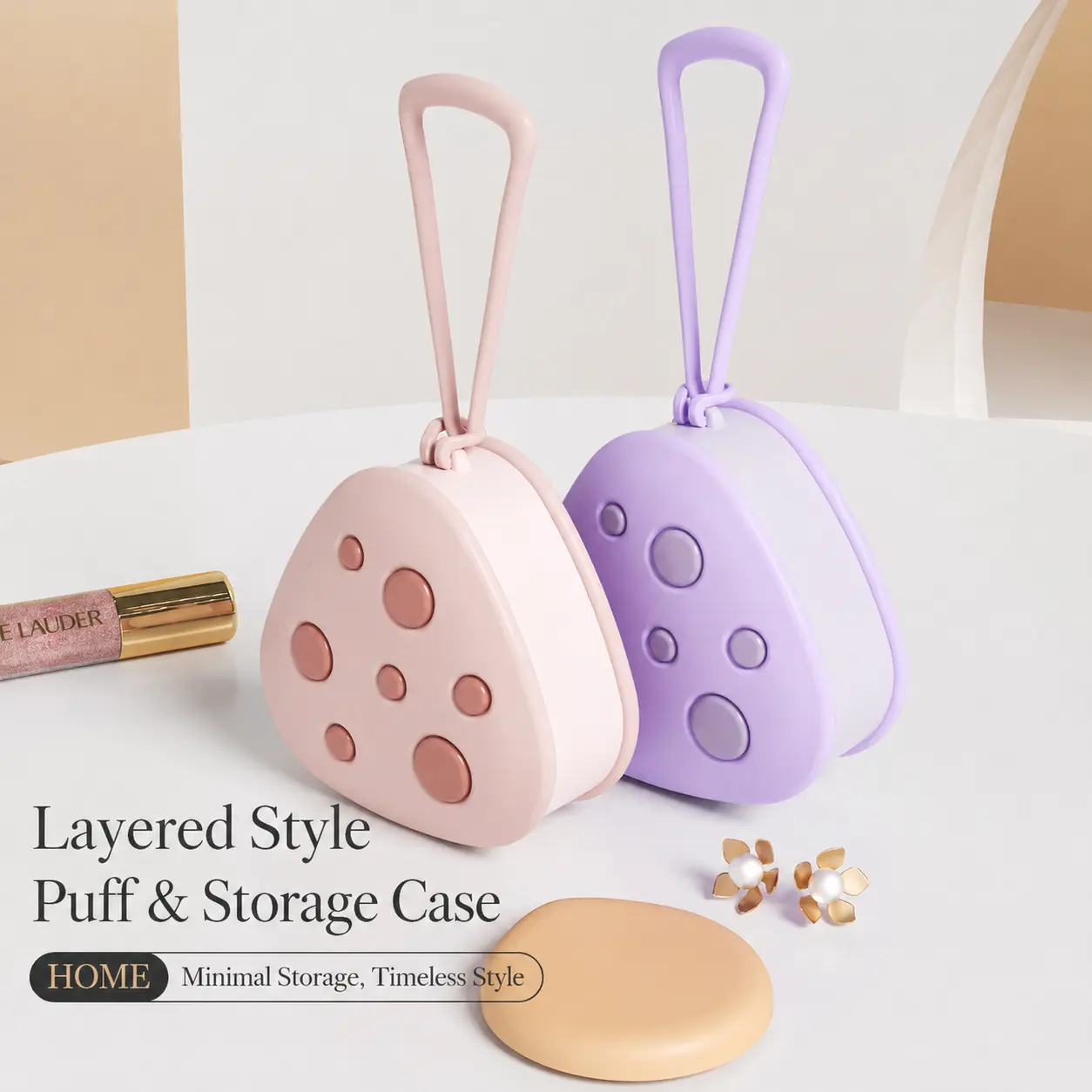 Portable Powder Puff Storage Case with Built-In Mirror, Multi-Layer Makeup Sponge Holder with Hanging Strap for Travel, Jewelry and Small Accessories