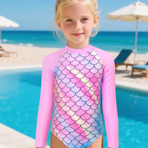 Girls Long Sleeve Swimwear, Fish Scale Print One-Piece Swimsuit, Patterned Swimsuit, Fashion Beachwear, Perfect for Beach Vacations and Summer Fun, Sea Fancy Swimsuits
