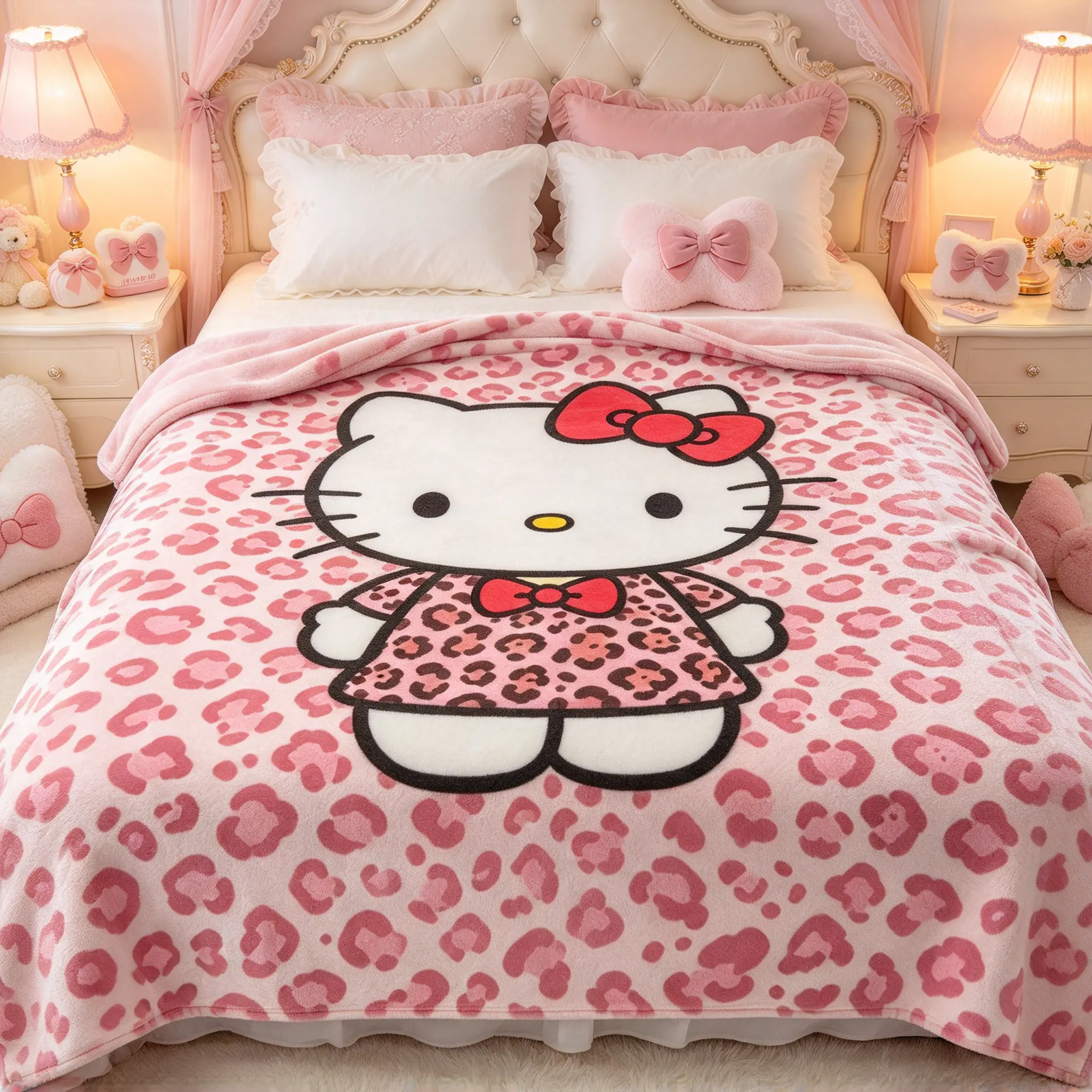 Hello Kitty Pink Leopard Print Fleece Throw Blanket, Cute Cartoon Kitty Blanket, 4 Sizes Available, Soft Lightweight Flannel Blanket for Sofa Bedroom Home Decor
