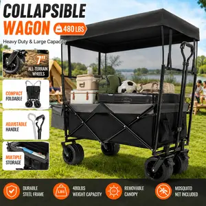 Collapsible Wagon with Canopy and Mosquito Net Heavy Duty 480Lbs Folding Wagon Stroller with All Terrain Wheels Large Capacity Utility Cart for Camping Sports Shopping Outdoor Garden Travel Beach Gear Black