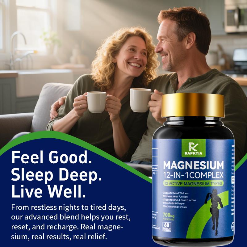12-in-1 Essential Magnesium Complex 700mg, Supports Better Sleep & Stress Relief, Heart & Bone Health Support, High-Absorption Formula with Chrono-Mag Technology, 60 Capsules, Perfect Christmas Gift