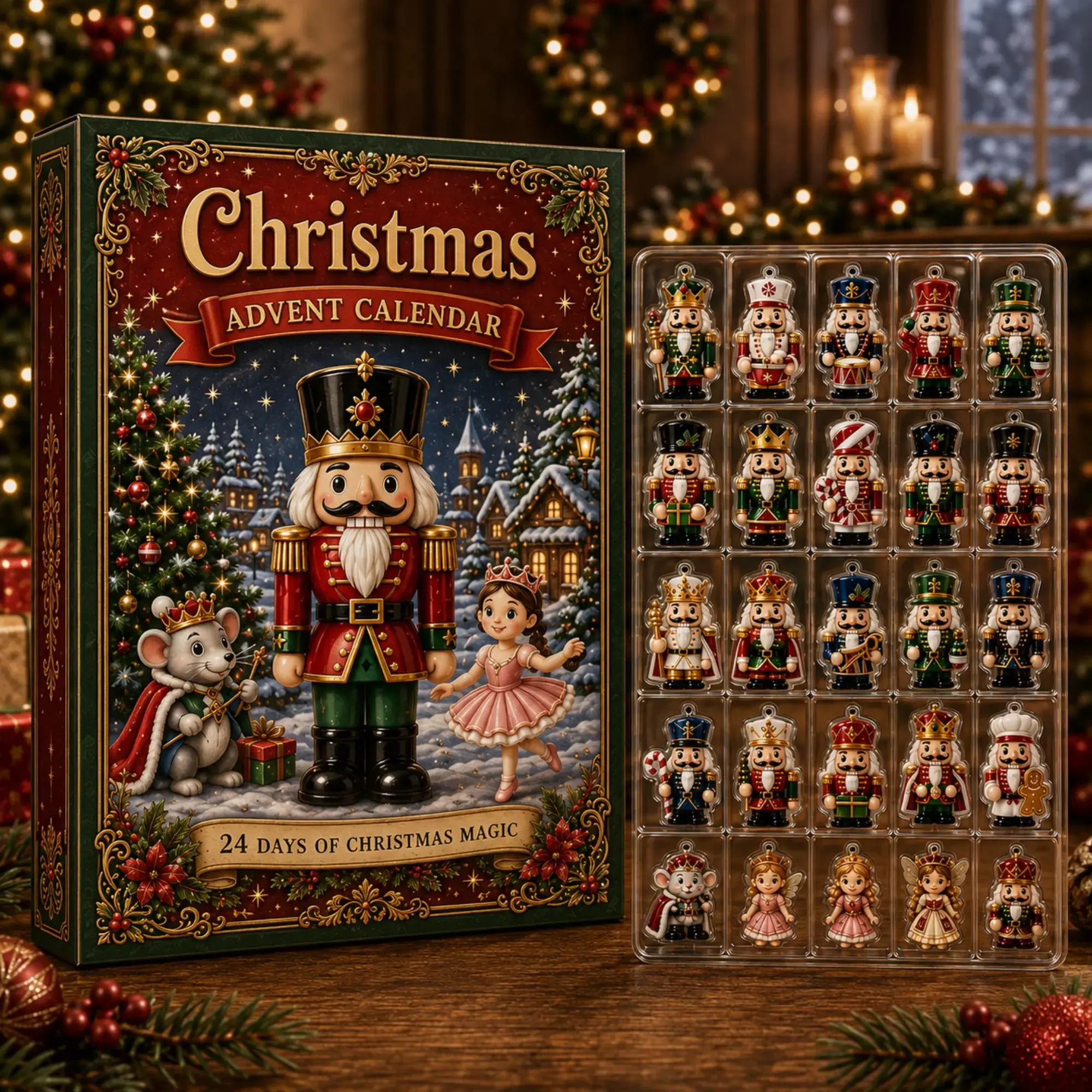 Vintage Nutcracker Advent Calendar, 24 Days Holiday Countdown Gift Box with 24 Flat 2D Acrylic Soldier & Mouse King Hanging Charms, Tree Decor, Traditional Christmas Gifts for Kids, Adults & Collectors