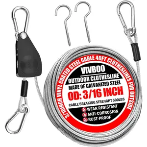 40ft Clothes Line Outdoors 3/16" Wire Ropes Silver PVC Coating Laundry Drying Clothesline Retractor with Metal Hooks Heavy Duty for Umbrella Travel Outside Camping Backyard